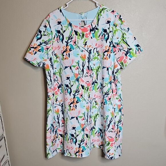 NWT Crown & Ivy XXL Reversible Aqua Floral Short Sleeve Dress - Picture 2 of 8